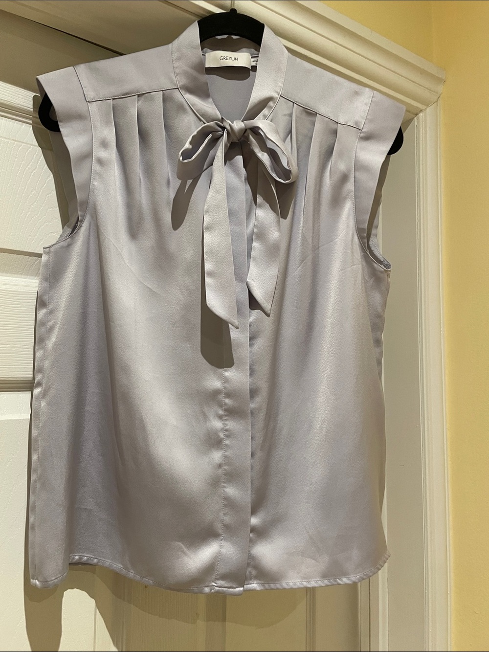 Greylin Satin Bow Pleated Blouse Silver Grey Office Siren S